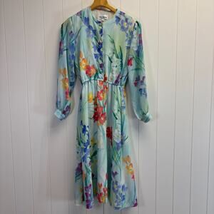 Vintage Gay Boyer Floral Tea Secretary Chiffon Midi Dress Size 4P Classic Retro‎